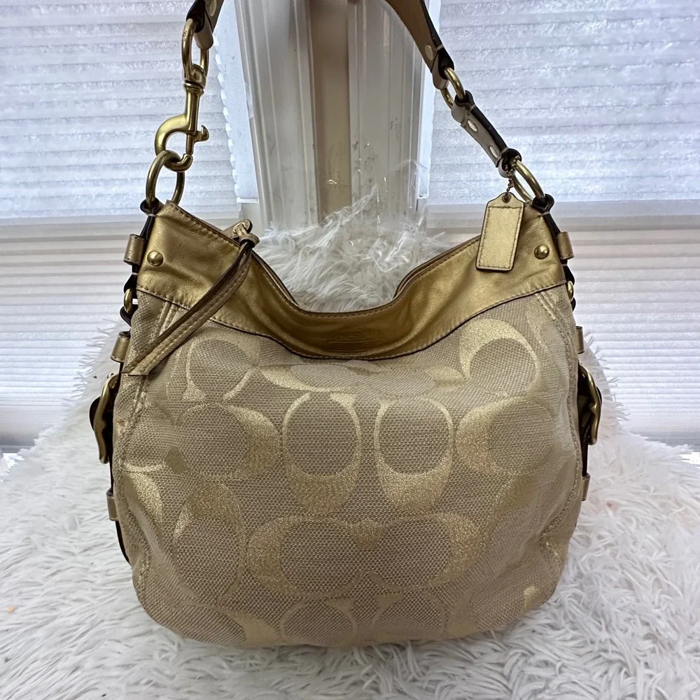 Coach Zoe Signature Metallic‎ Jacquard Print Large Hobo Bag Gold Leather Trims